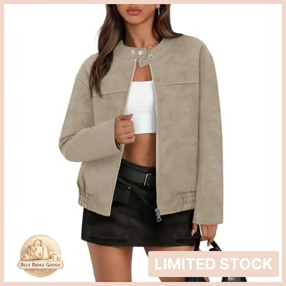 Faux Suede Bomber Jacket Vintage Chic Casual Zip Up Fall Winter Outerwear - Picture 2 of 8